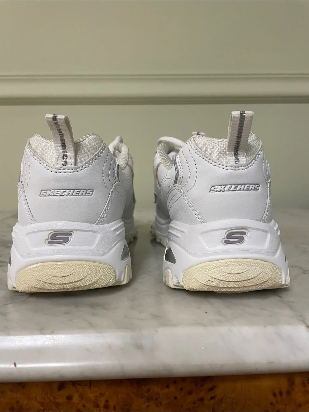 Skechers White Leather Lace-Up Sneakers with Cream Accents